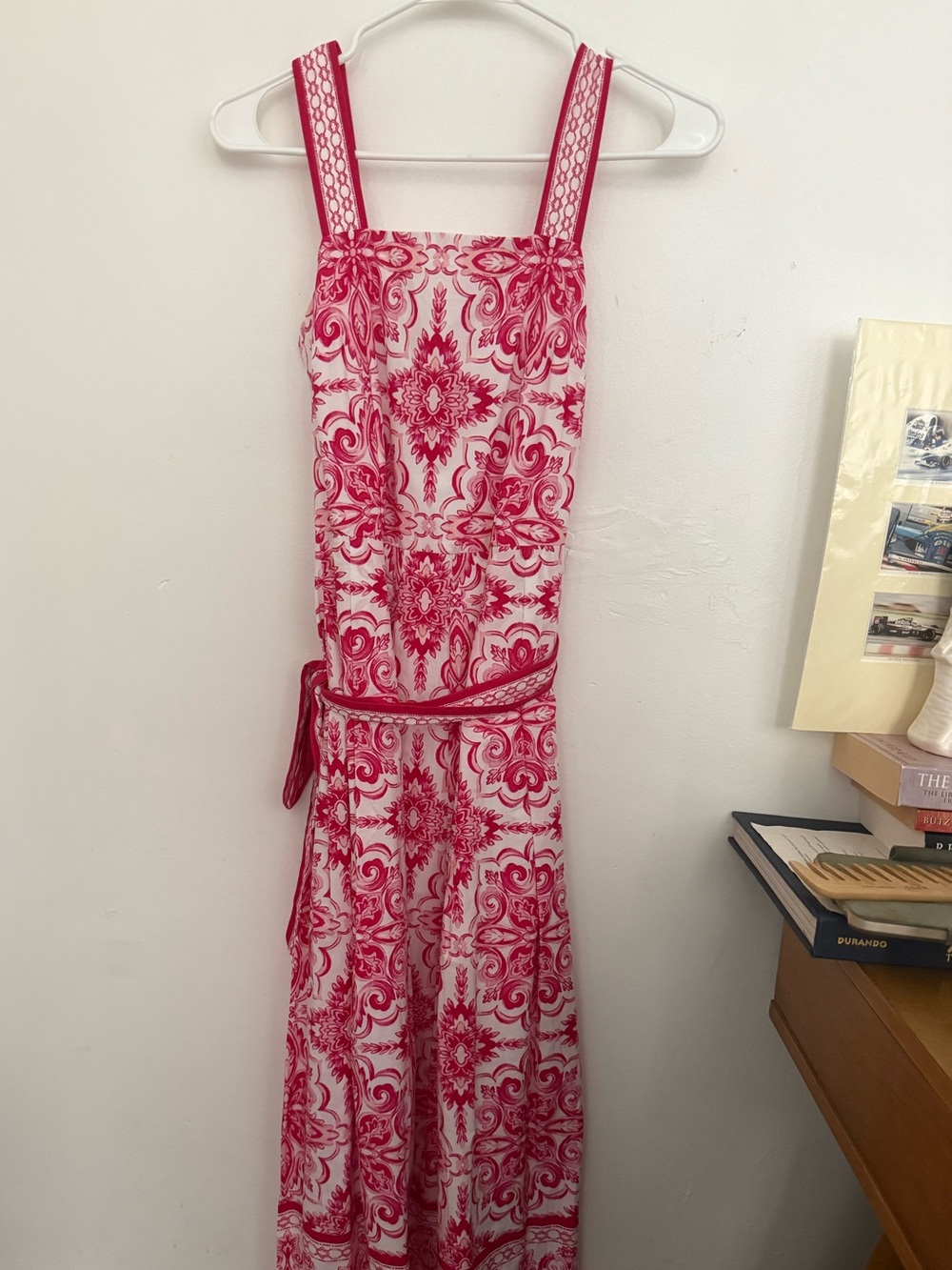 Talbots Pink and White Printed Maxi Dress with Tie Waist